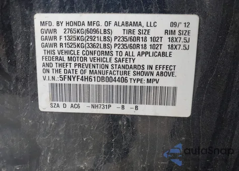 2013 Honda Pilot Ex-L from USA, damaged, VIN 5FNYF4H61DB004406